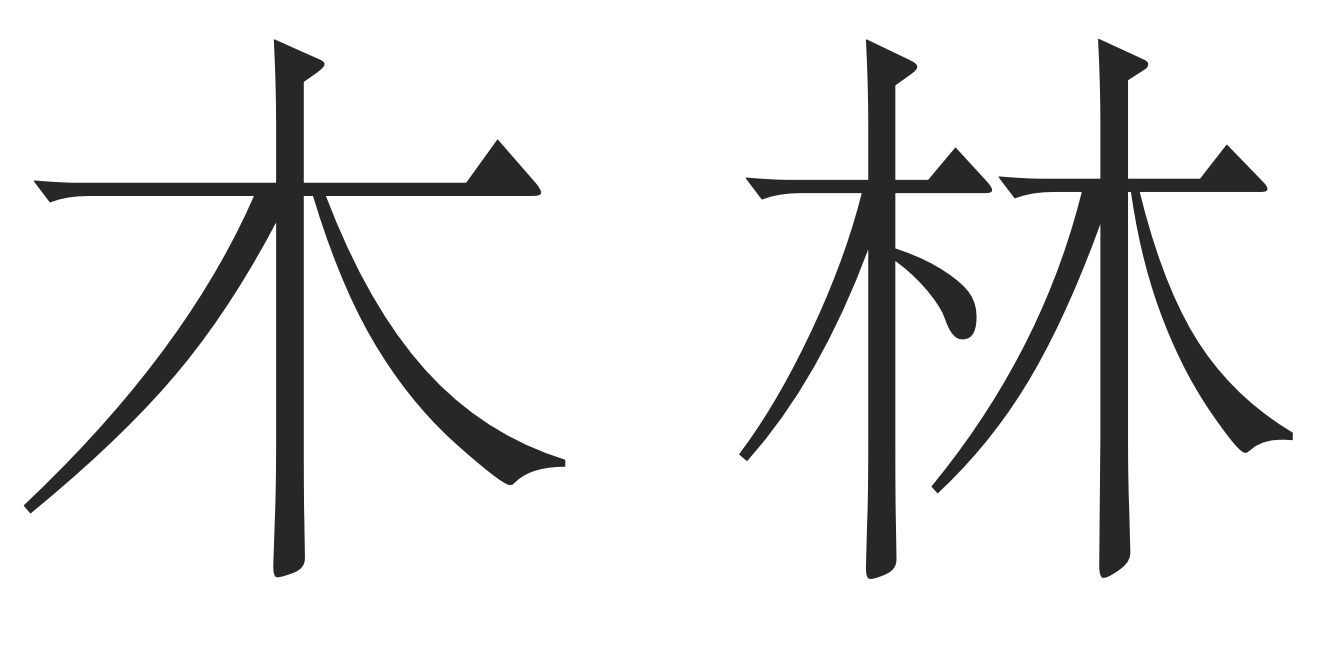 The character 林 (meaning forest) consists of two 木 (meaning tree). Note that not only a re-location is made to put two 木 at left and right, there are also small adjustments, especially for the left part